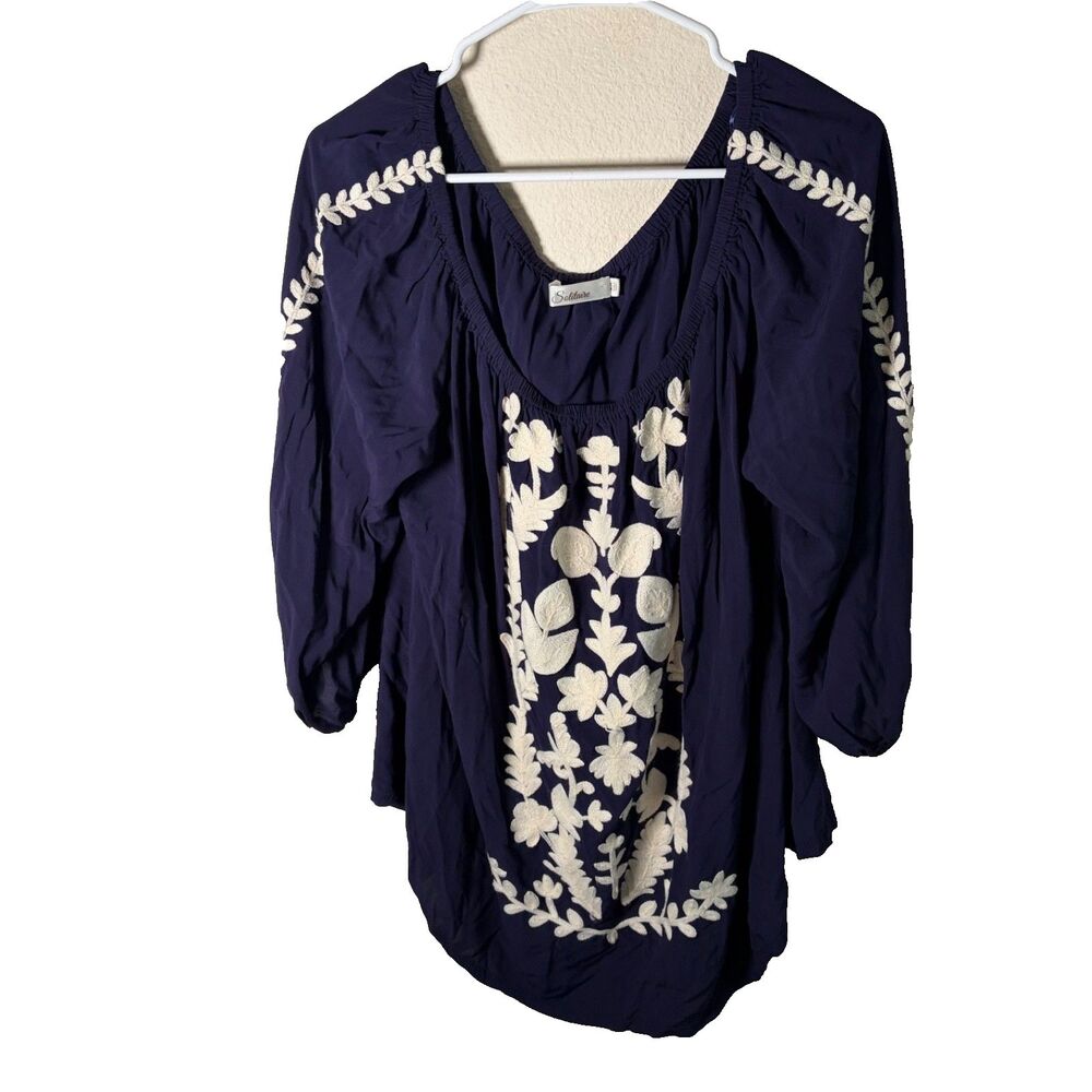 Solitaire Blouse Women's 2X Navy Blue Round Neck 3/4 Sleeve Embroidered Top